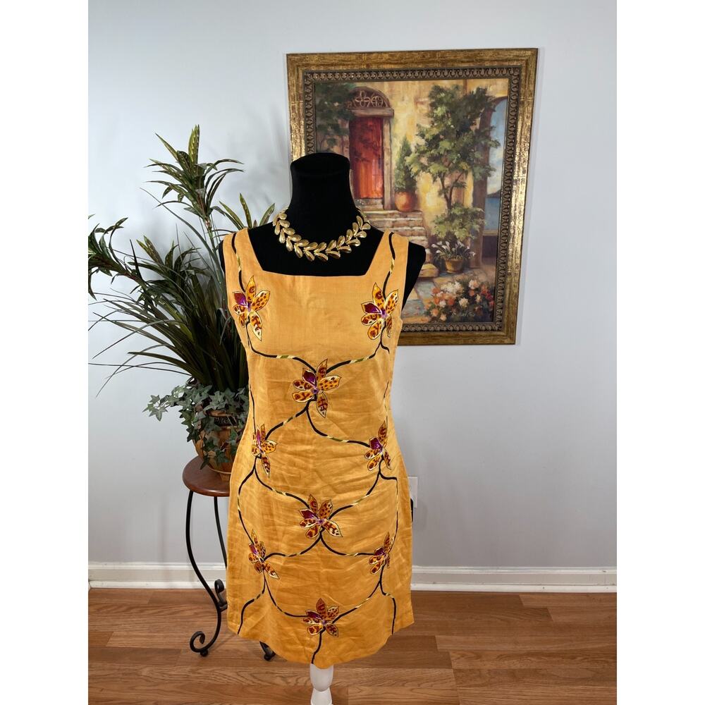 Daisy Shift Dress Women's Large Yellow Embroidered Floral Cottagecore Tropical